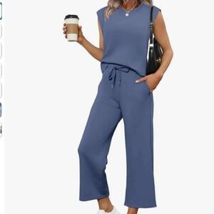 SAMPEEL 2 Piece Lounge Set Women Blue Sleeveless Top Wide Leg Pants 2XL NWT